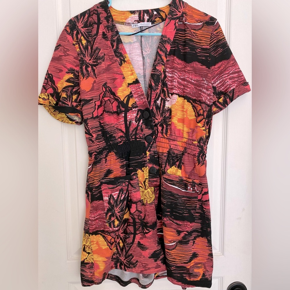 Zara Plunging V Aloha Sunset Hawaiian Shirt Print Romper. - Picture 2 of 5